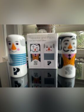 Vintage White, Blue, Orange Salvador and Pablo Salt & Pepper Shakers